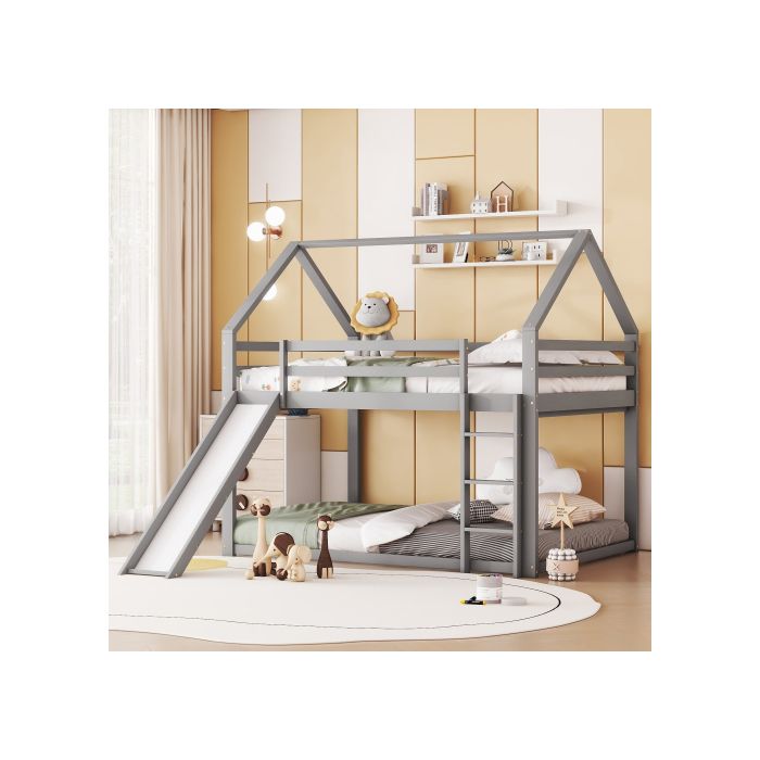 Двухъярусная кровать - MUVOE - 140x200 см - Серая - Горка - Лестница с возможностью перестановки