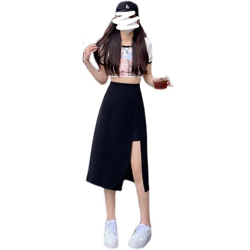 Women's Versatile High-Waist Black Slit Midi Skirt - Slimming Anti-Exposure Bodycon Design