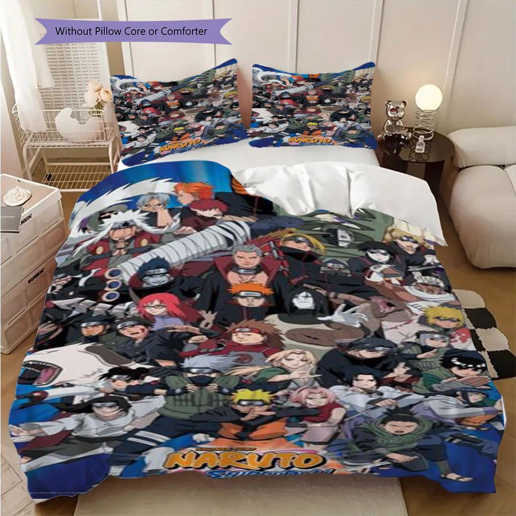 Three-piece Naruto anime print bedding set, including one duvet cover and one pair of pillowcases (filling not included).