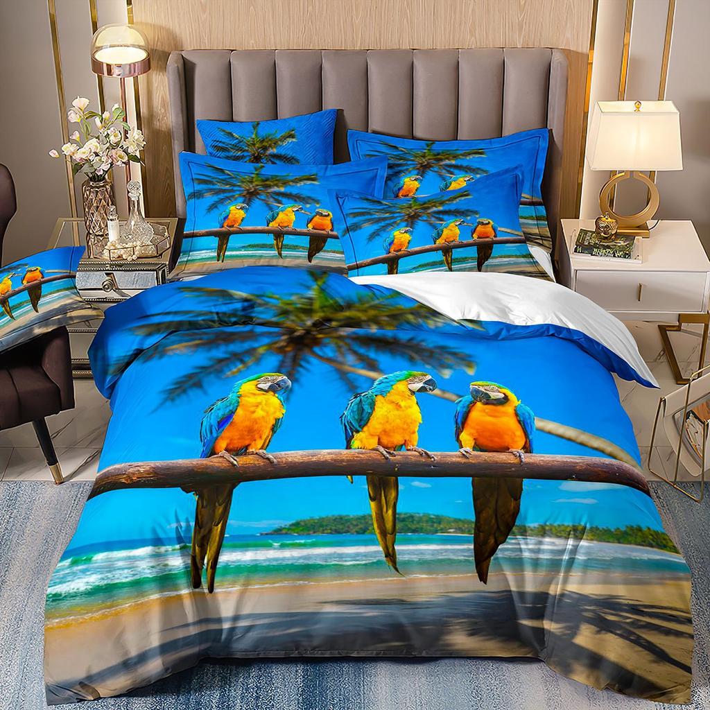 Flamingo Three-Piece 3D Printed Parrot Toucan And Tropical Flower Quilt Cover Pillowcase Bedding