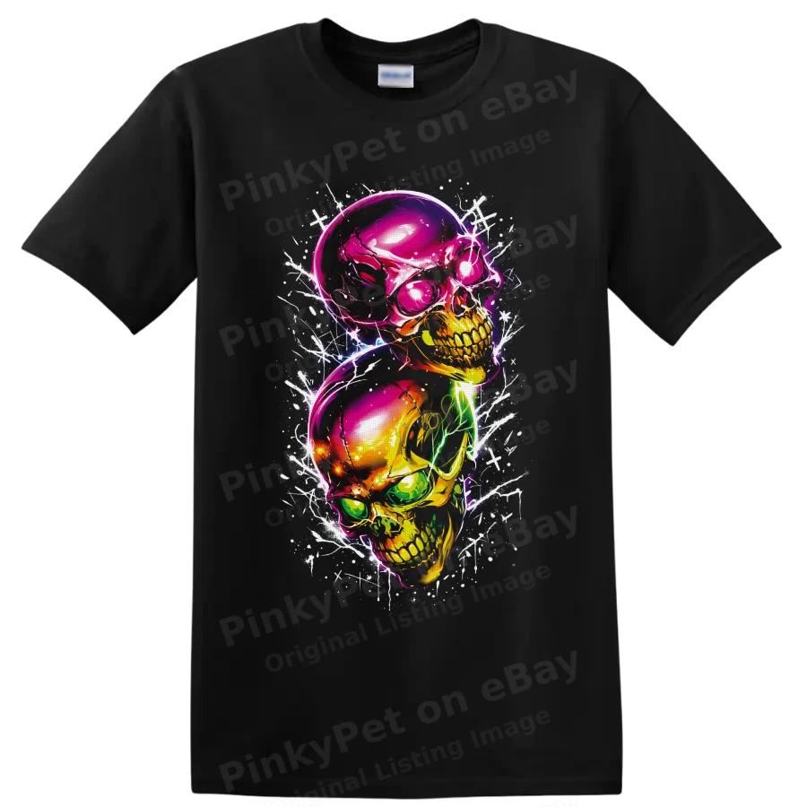 Neon Skull Art T Shirt w/ Two Gothic Skeleton Skulls Graffiti Style Art Tee
