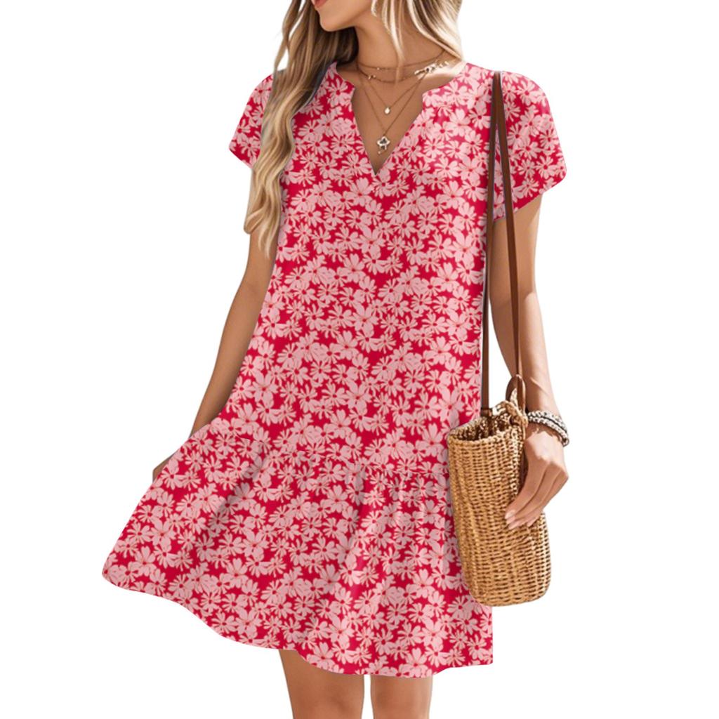 Women's Dresses Short Sleeve V-Neck Floral Printed Loose Casual Temperament Beach Dresses