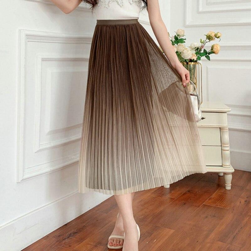 Qooth Женская плиссированная юбка-миди с эластичной резинкой на талии и градиентом, элегантная двусторонняя практичная юбка трапециевидной формы на лето и весну QT2102