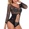 Women's Sexy Mesh Hollow For Lingerie One Piece Rhinestone Fishnet Bodysuit