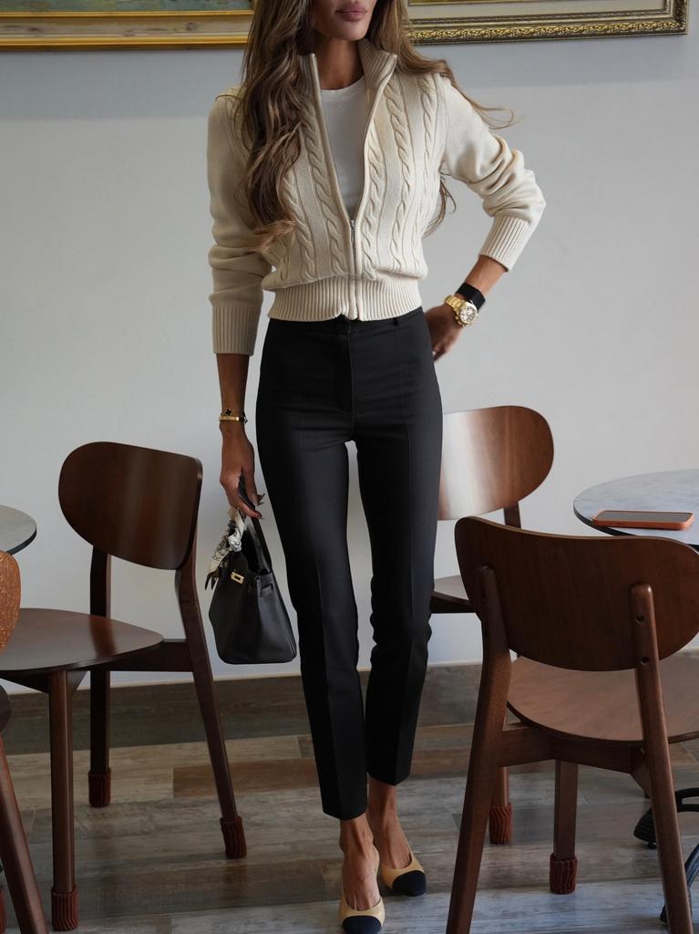 Women's Zip Up Knit Cardigan Stand Collar Cable Knit Long Sleeve Loose Sweater Casual Elegant Top