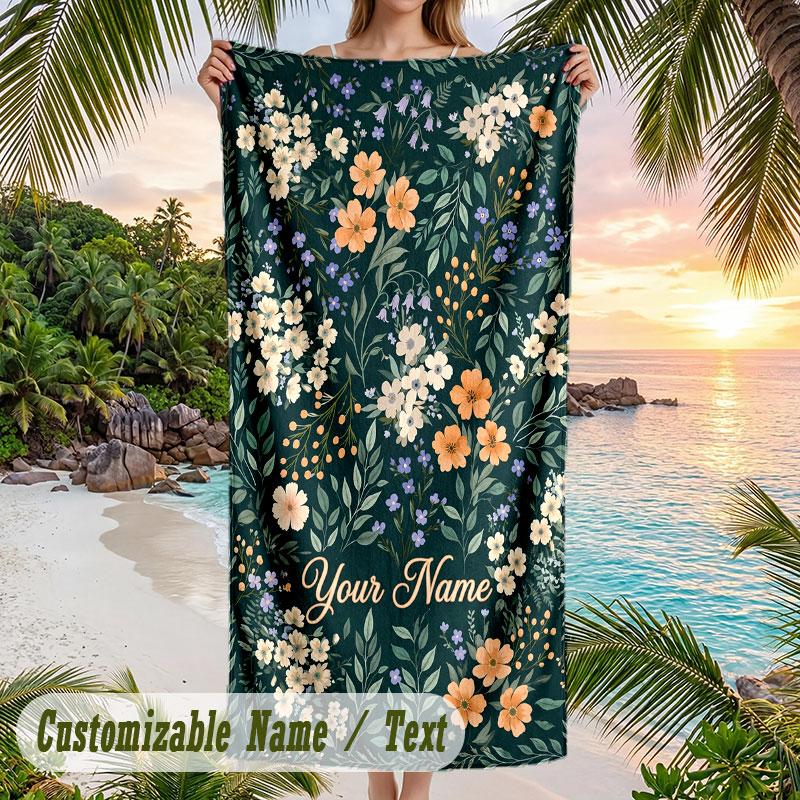 Floral Elegance 20 Theme Quick Dry Beach Towel Custom Name Text Print Large Sand Resistant Towel Beach Vacation