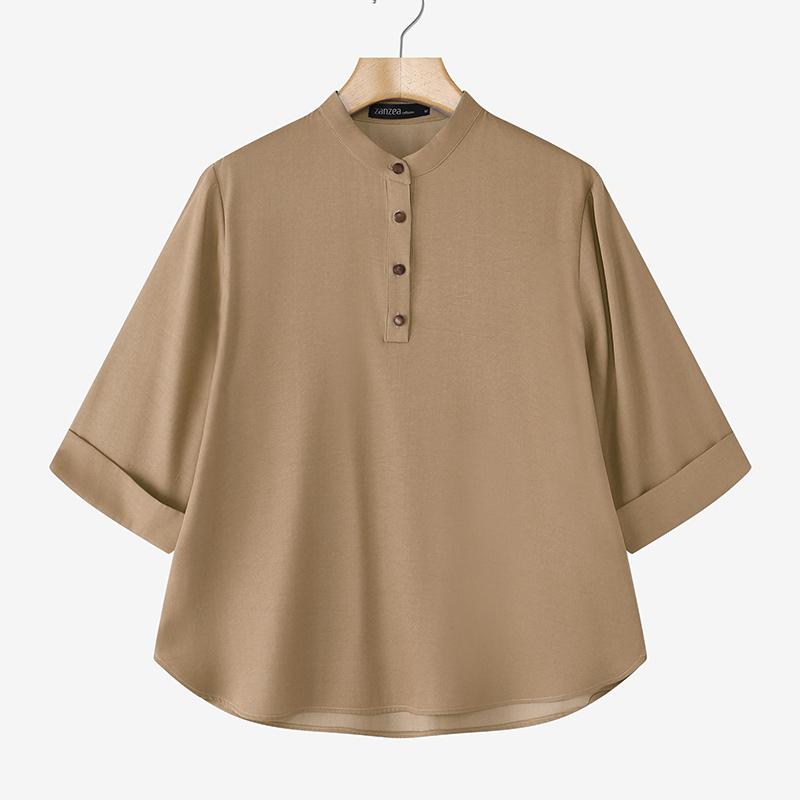 ZANZEA Женская повседневная блузка с круглым вырезом, рукавом 3/4, свободного кроя, однотонная
