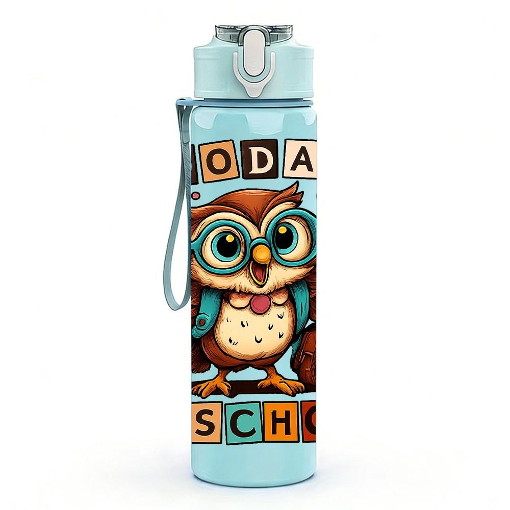 1PC Back To School Owl Text Print 750ml Color Plastic Sports Water Bottle Leakproof Flip Straw Lid Suitable for Sports Office Home Use