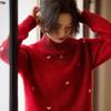 Women's Loose Red 100% Wool Heart Pattern Long Sleeve Knit Pullover