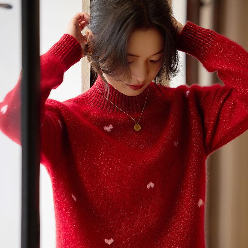 Women's Loose Red 100% Wool Heart Pattern Long Sleeve Knit Pullover