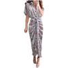 Women Casual Stand-up Collar Printed Shirt Button Belt Short-sleeved Long Skirt