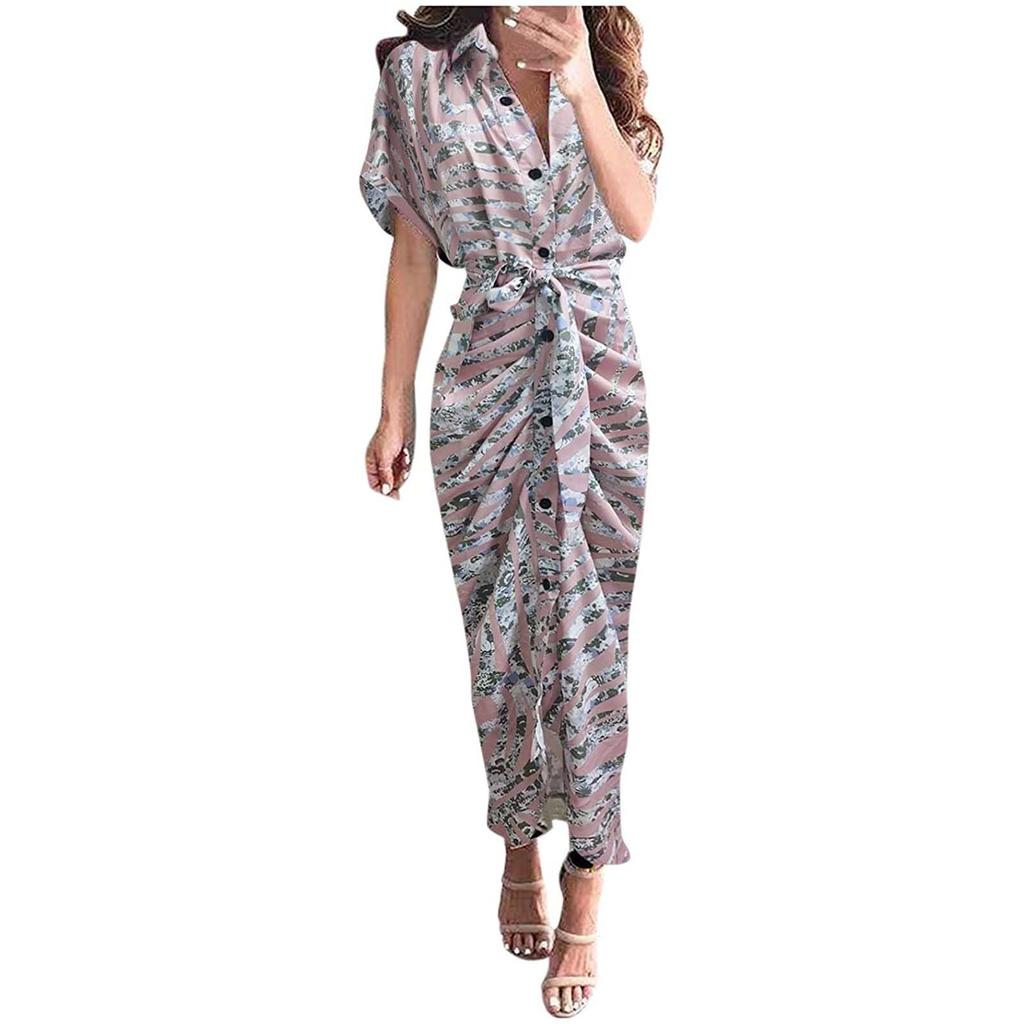 Women Casual Stand-up Collar Printed Shirt Button Belt Short-sleeved Long Skirt