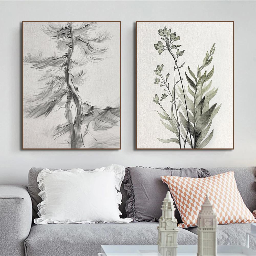 Vintage Neutral Pine Branch Deer Fox Owl Winter Botanical Forest Tree Poster Canvas Painting Rustic Nursery Wall Home