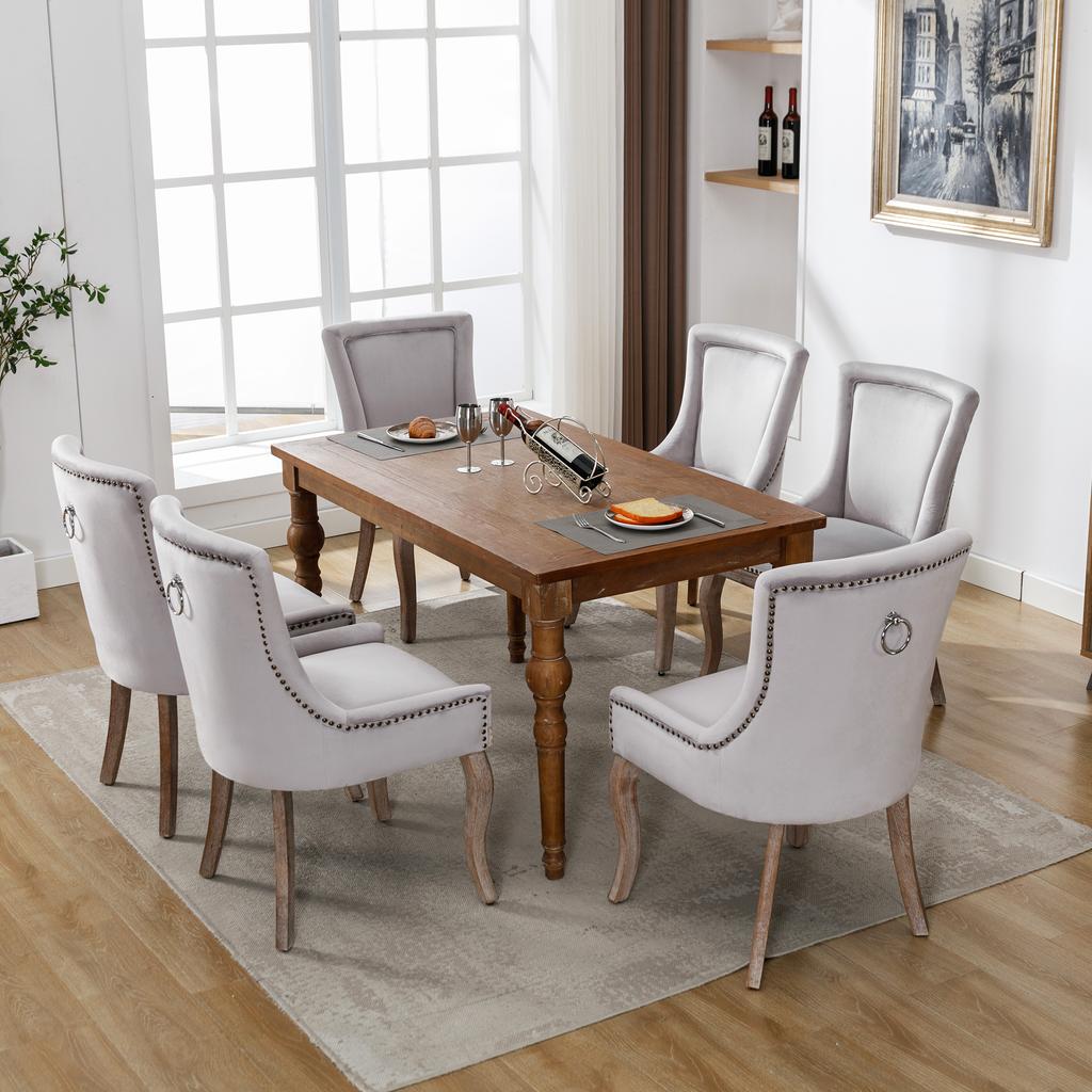 Luxurious Dining Chair (Kitchen Chair Living Room Chair, 6 pcs), Upholstered Chair with Nailhead Trim, Solid Wood Legs, Velvet Cover, Grey