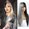 Half Colors Hair Grey and Black Long Straight Hair with Bangs Fashion Wig for Women