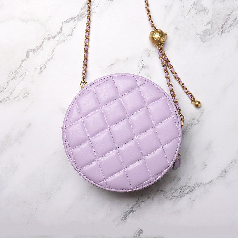 Spring new sheepskin small round cake bag, genuine leather small fragrant wind rhombus shoulder messenger bag, women's lipstick bag, women's bag