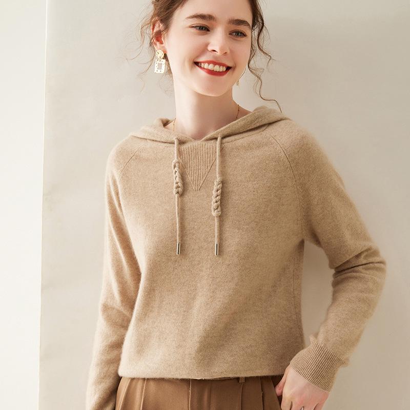 Женский кашемировый свитер с капюшоном - Осенне-зимний, свободного кроя, повседневный, вязаный пуловер с длинным рукавом