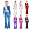 Girls Metallic Sequin Dance Set Long Sleeve Crop Top Paired with Sheer Mesh Bell Bottom Pants Performance Outfit