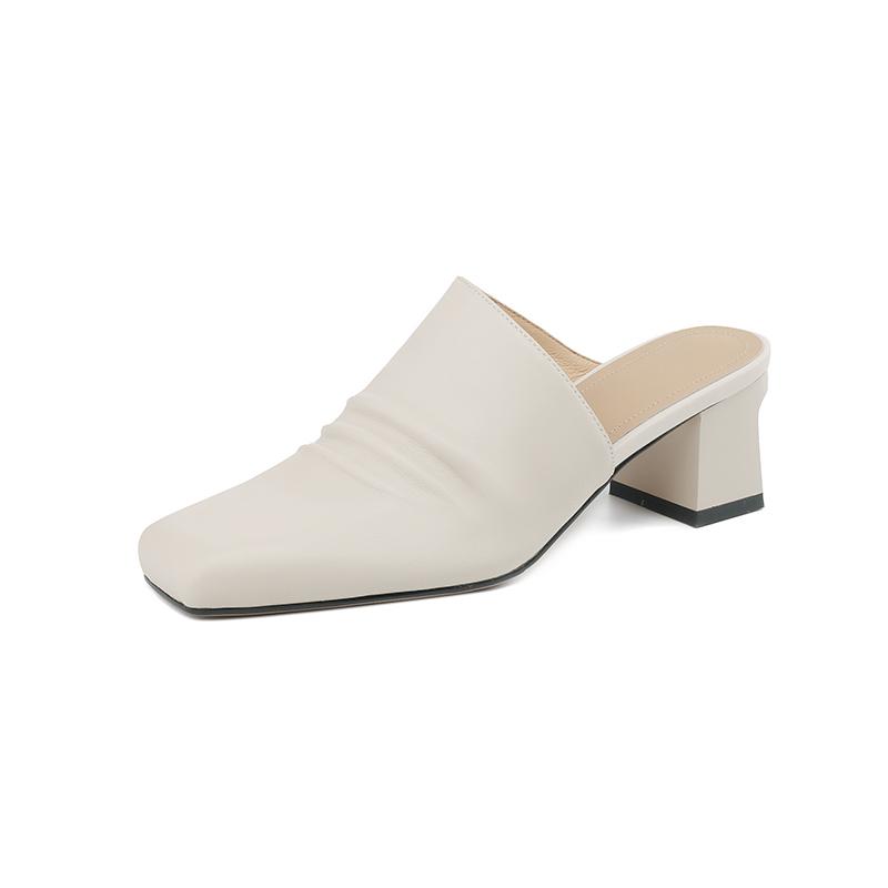 Мода 2025 Лето Новая Натуральная Кожа Ретро Полу-драг Мюли Женские Женские Высокий Каблук Квадратный Носок Повседневная Обувь Женские Шлепанцы