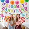 Welcome to Candyland Party Banner Hanging Swirls Decorations Colorful Candy Themed Birthday Decor for Sweet Themed Shop Baby Shower Classroom Home