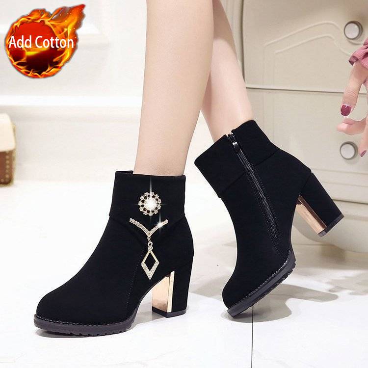 Fashion Black Suede Rhinestone Heeled Woman Short Shoes Round Toe Autumn Winter Warm Ankle Boots for Women High Quality Y2k Booties Sale