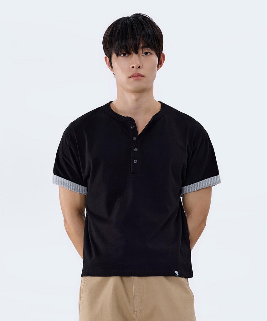 GHOST REPUBLIC Crop Stripe Color Block Roll-Up Henley Neck Short Sleeve Tee Gt-393_Black