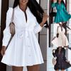 Women's Fashion Casual Solid Color Lapel Long Sleeves Single-breasted Stitching Waist Tie Chiffon A-line Dress