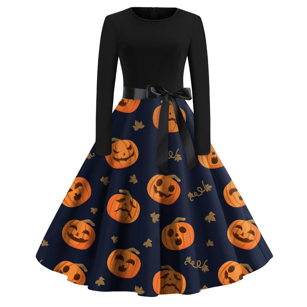 Women's Halloween Print Flare Dress For Women Long Sleeve Dress Party Casual Dresses