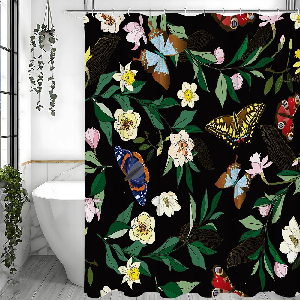 Шторка для душа «Бабочка Цветок Зеленый лист», Декоративная шторка для душа для ванной, Водонепроницаемая шторка для душа с крючками
