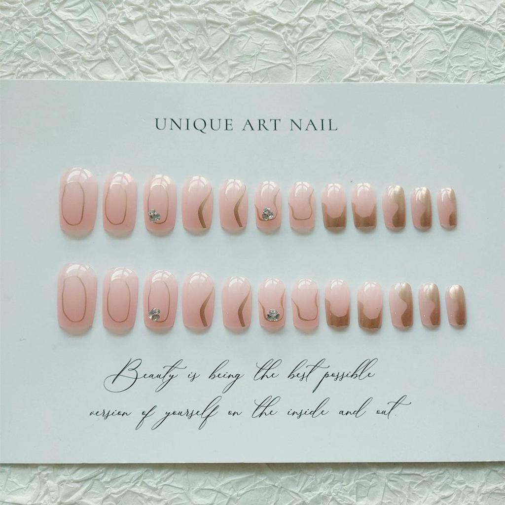 Gold Line Rhinestone Nude Medium-Length Removable Nail Patches