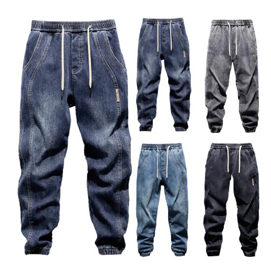 Джинсы-шаровары с карманами на штанинах, эластичным поясом, регулируемыми шнурками, мужские джинсы, однотонные уличные спортивные брюки