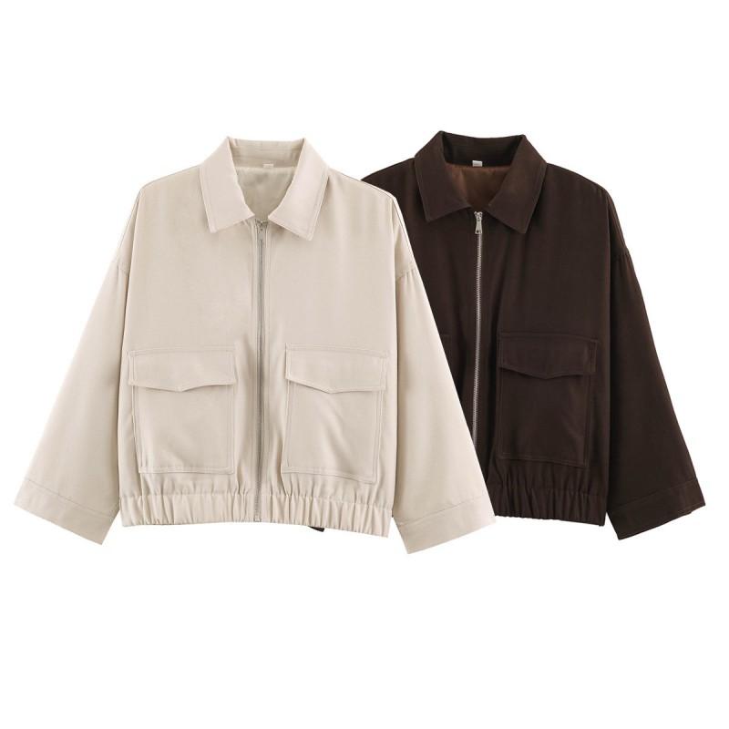 ZA Womens Fashion Zip Jacket 2026 Fall Solid Color Casual Pocket Loose Fit Polo Neck Long Sleeve Outerwear