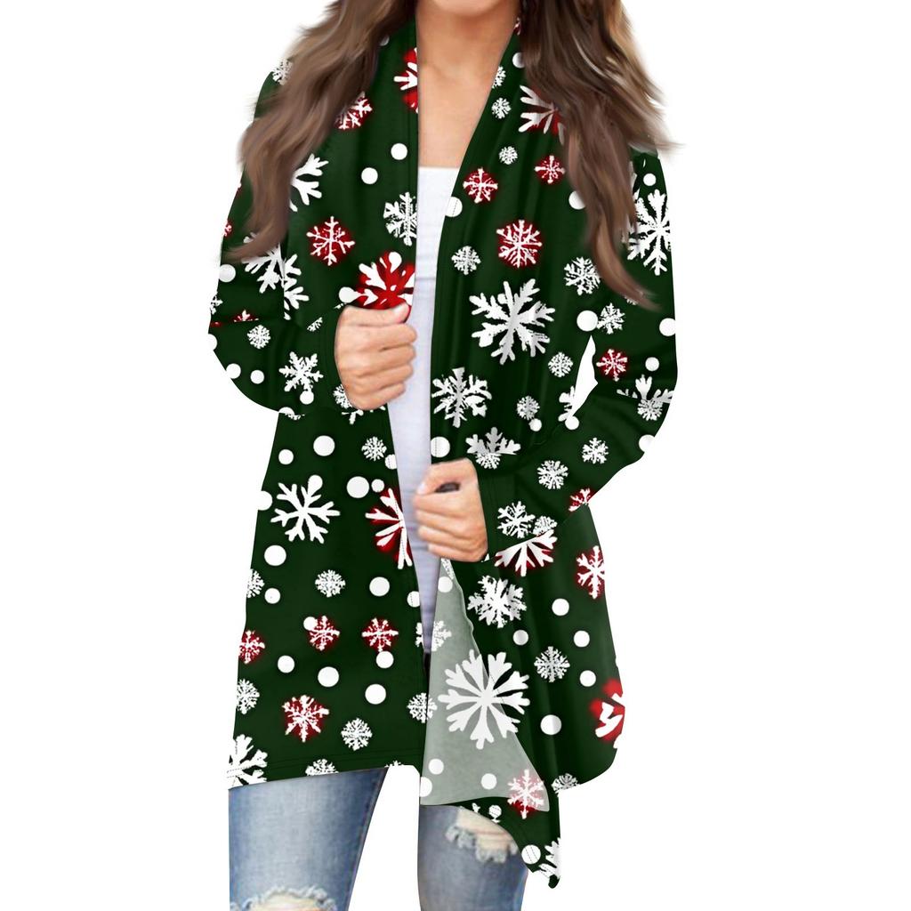 Women's Fashion Christmas Print Jacket Long Sleeve Casual Cardigan Coat