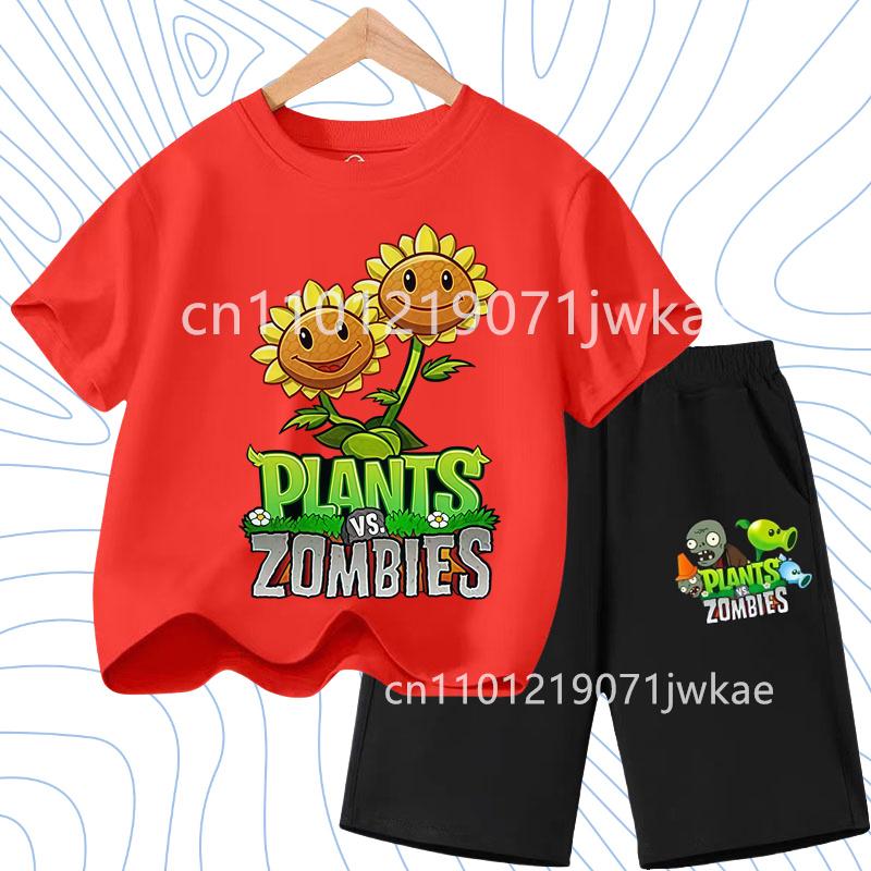 Kids Street Fashion Boys Girls T Shirt Set Plants Vs Zombies Cute Print 2026 Summer Casual Daily Wear 3-12 Age Shirt Suit