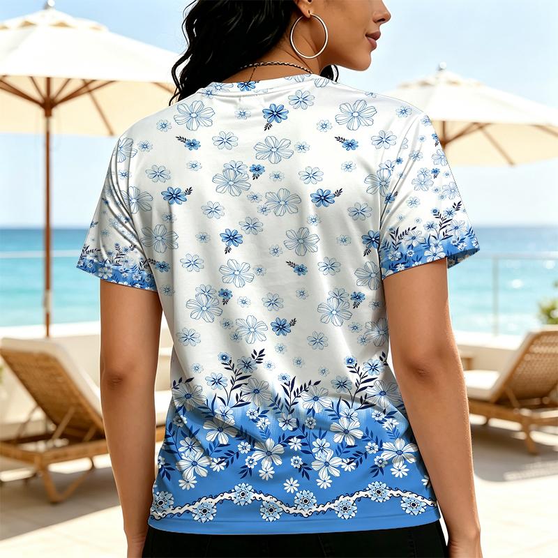 Women's Short Sleeve T-Shirt - American Basic Style, Fresh Blue & White Floral Print, Soft & Comfy, Daily Casual Wear