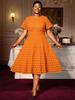 Orange O Neck Lace Hollow Out Elegant  Short Sleeve Patchwork A Line Dress for Women Casual Midi Party Wedding Guest Dresses