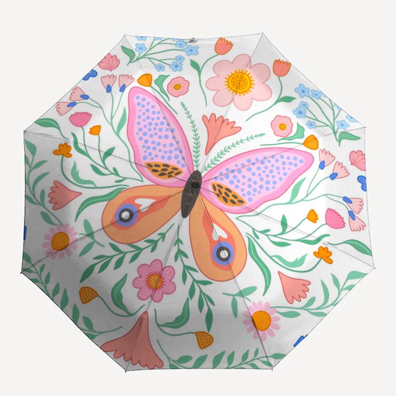 1pc Butterfly Floral Automatic Opening/Closing Folding Umbrella with 8 Ribs,Windproof Portable Sunshade Umbrella Holiday gift yy260401026