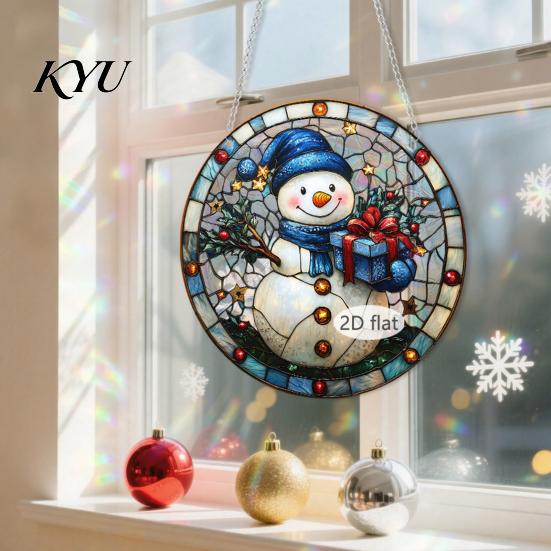 Transparent Christmas Tree Ornaments 2D Acrylic Hanging Ornaments, Stained Glass Style Snowman Santa Snowflake Indoor Party Supplies Window