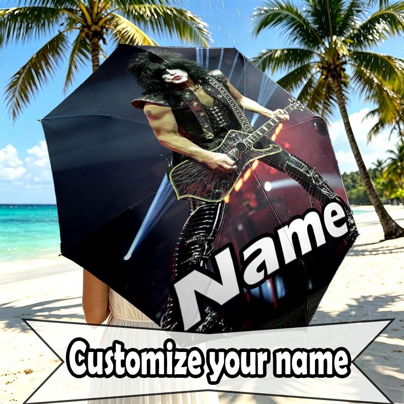 Custom Name Personalized Kiss Rock and Roll Print Umbrella, Auto Open Close, 8‑Rib Sturdy Frame, Commute Camping Hiking Use, Birthday Gift