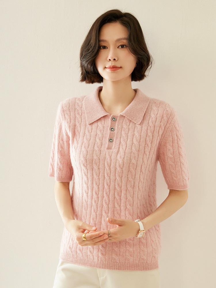 Women's Cable Knit Cashmere Short Sleeve Polo Sweater