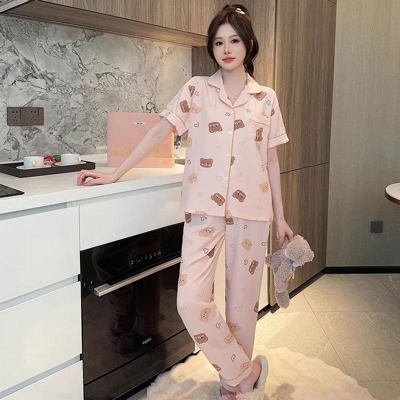 Pajamas Female Cute Sweet Bear Summer Cardigan Short Sleeve Trousers Loose Large Size Loungewear Set