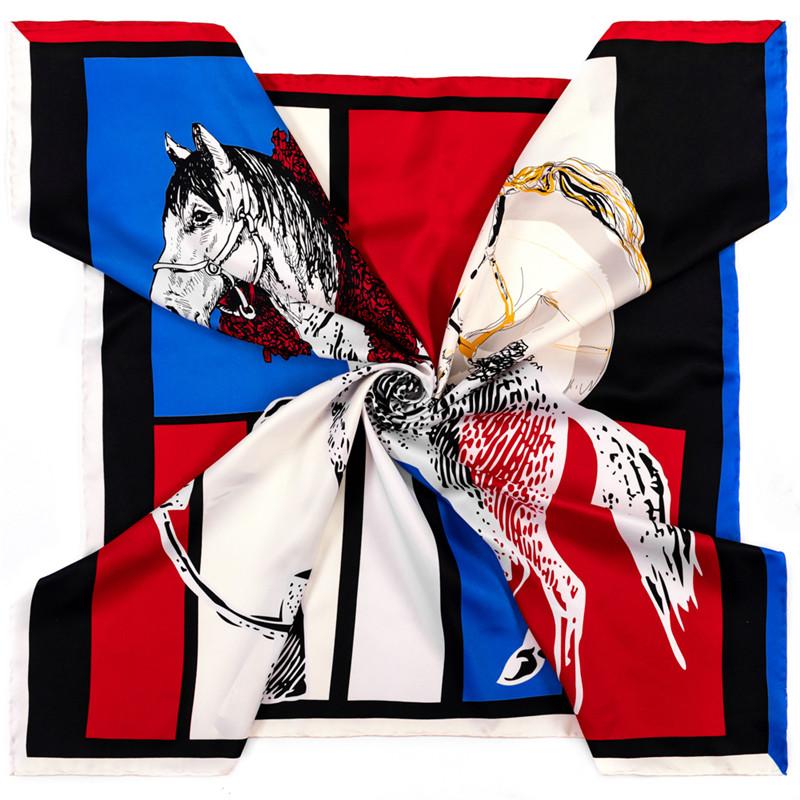 POBING Manual Hand Rolled Twill Silk Scarf Women Horse Print Square Scarves Echarpes Foulards Femme Wrap Lady Bandana Hijab 90CM
