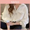 Turndown Women Fall Color Solid Collar Long Sleeve Single Breasted Pockets Loose Denim Shirt Tops