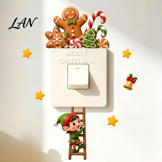 Holiday Theme Socket Protectors Christmas Elf And Gingerbread Man Switch Sticker, Decorative Wall Decal for Home Removable PVC Stickers Decor,