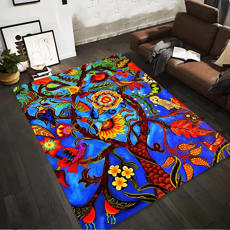 Colorful Tree of Life Pattern Carpet with Birds and Floral Design Suitable for use as an anti-slip for living room bedroom sofas