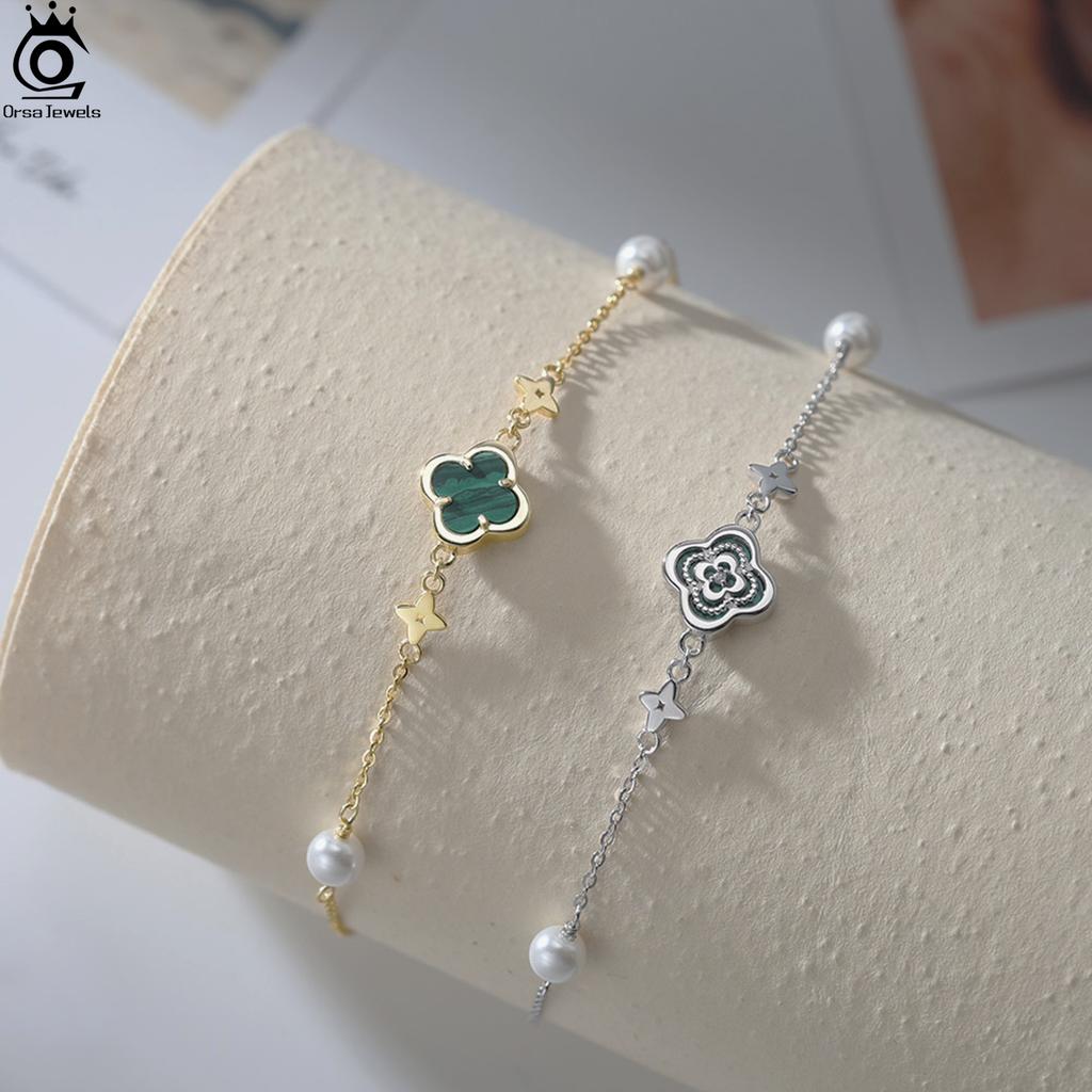 ORSA JEWELS Серебряный браслет на щиколотку из жемчуга в форме ракушки 925 пробы и Зеленый Малахит Клевер на удачу Летний Подарок GMA05