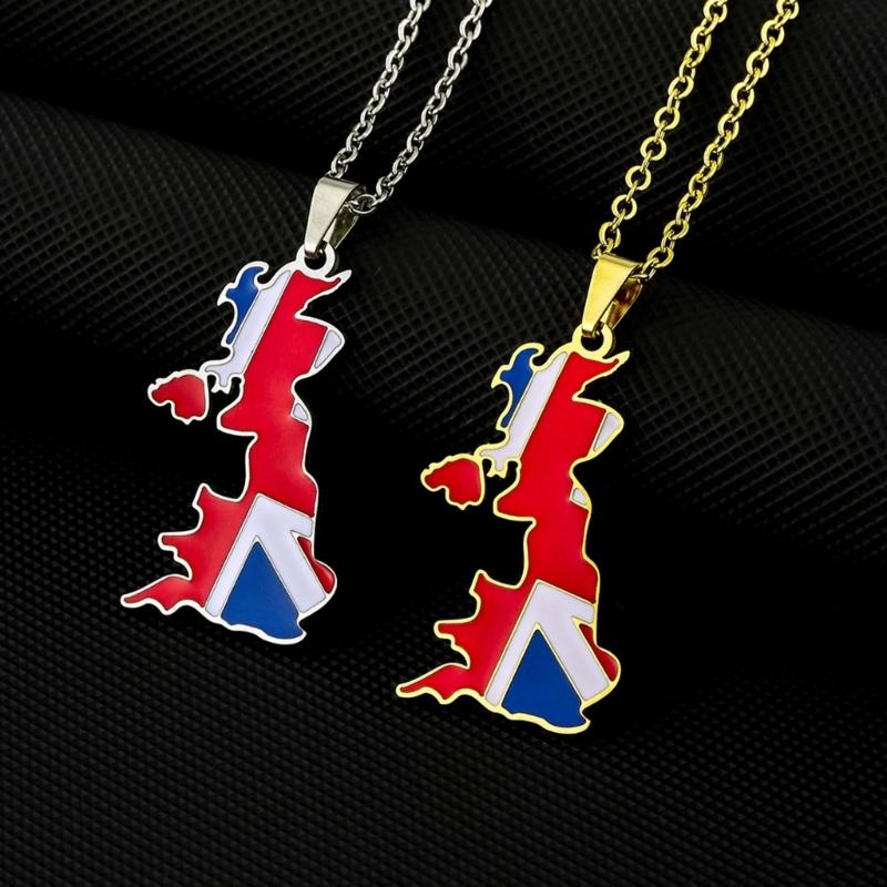Vintage Map Pendant Necklace United Kingdom of Great Britain and Northern Ireland Country Outline Flag Charm Necklaces