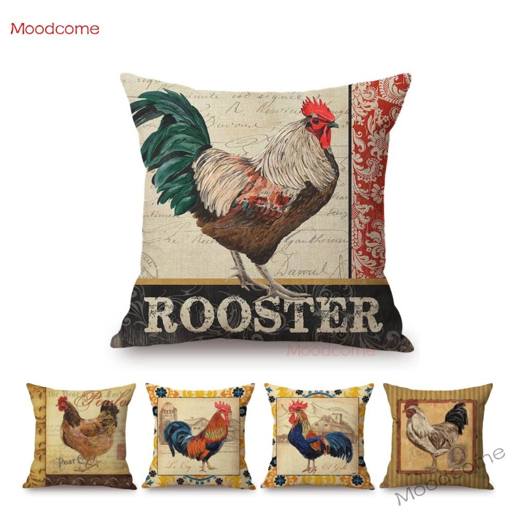 Retro Farm Animals Chicken Rooster Hen Home Decorative Art Cushion Cover Linen Vintage Sofa Throw Pillowcase Barn Livestock
