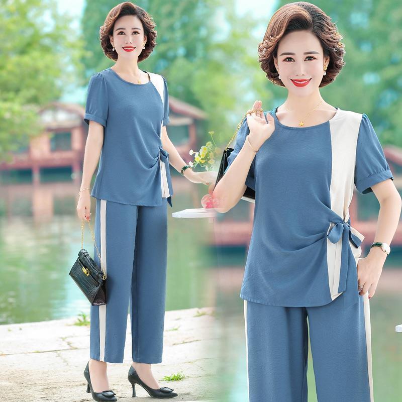 Женский спортивный костюм больших размеров, летний легкий дышащий повседневный костюм, футболка + брюки, комплект из 2 предметов