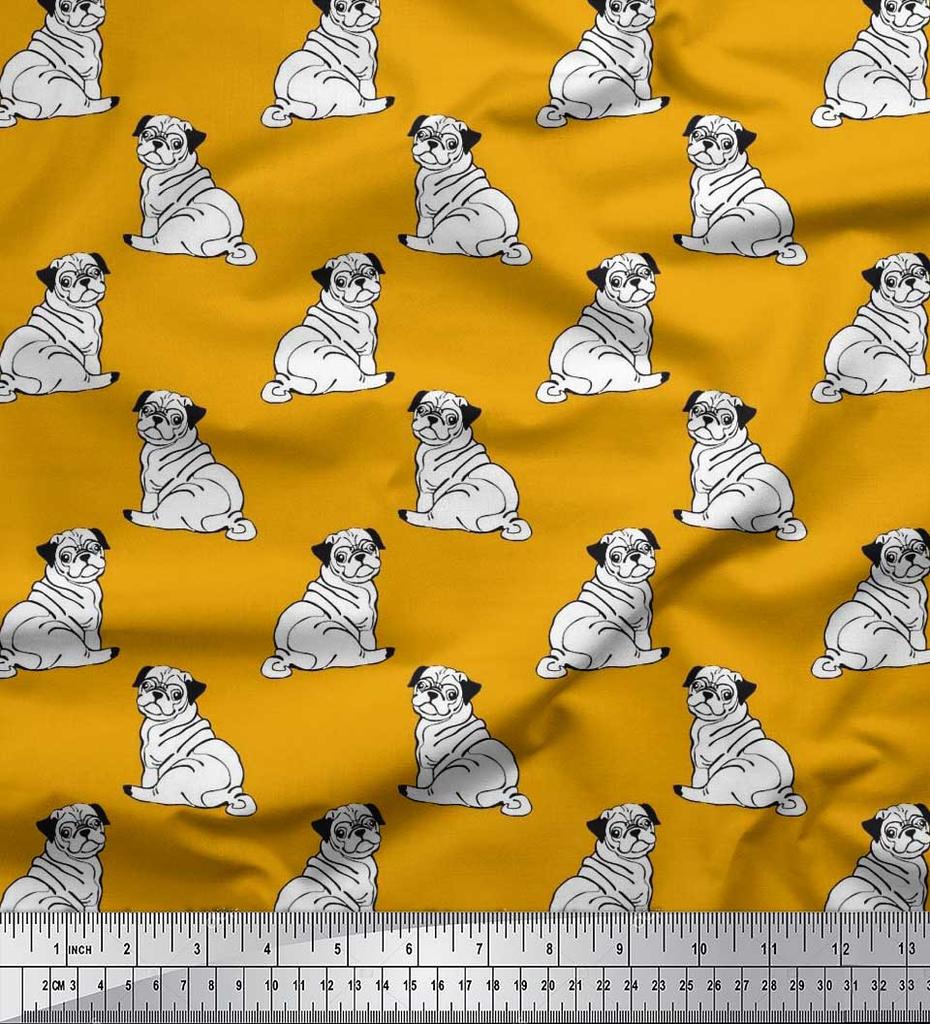 Soimoi Japan Crepe Satin Fabric Pug Dog Print Fabric by Metre 42 Inch Wide